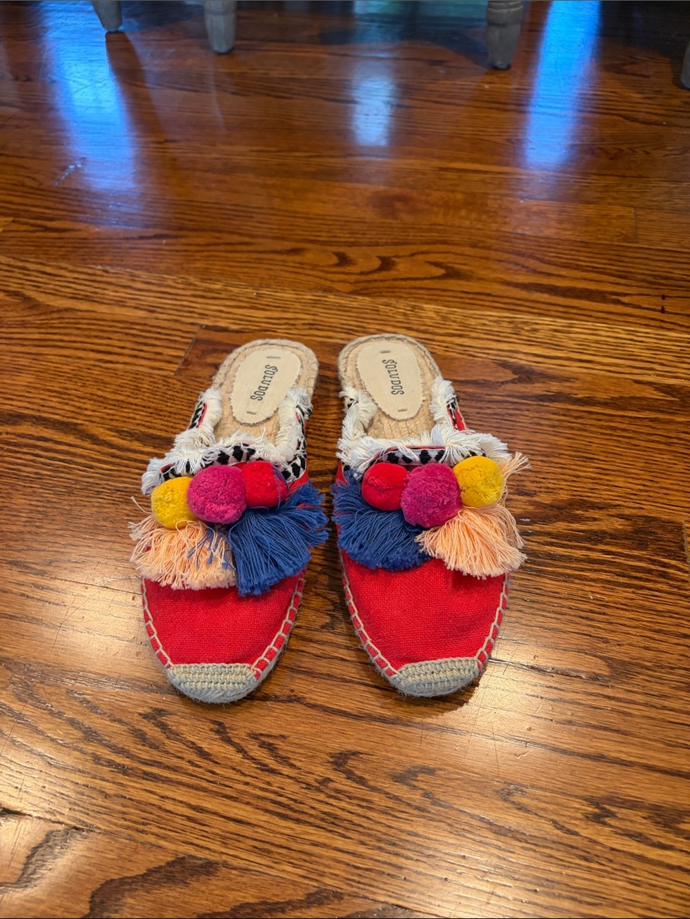 Soludos Red Espadrille Slide with Multicolor Pom Poms
